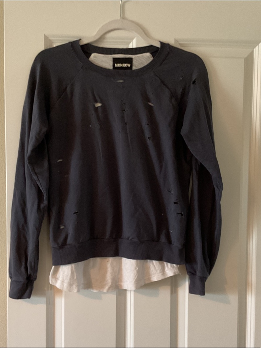 Monrow Navy Distressed Layered Pullover with White Underlay